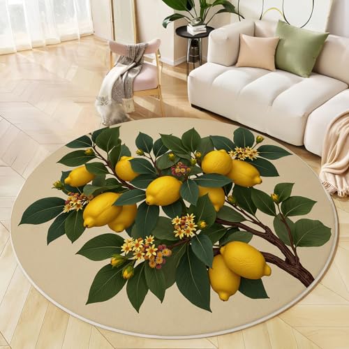 Runder Teppich Beige, Anti Rutsch Unterlage Waschbar Runder Läufer Mit Bedruckter 3D Zitronenzweig Vintage Pflanze Für Schlafzimmer Flur Wohnzimmer Couchtisch Fußmatten, 100 cm von JEDTAKCT