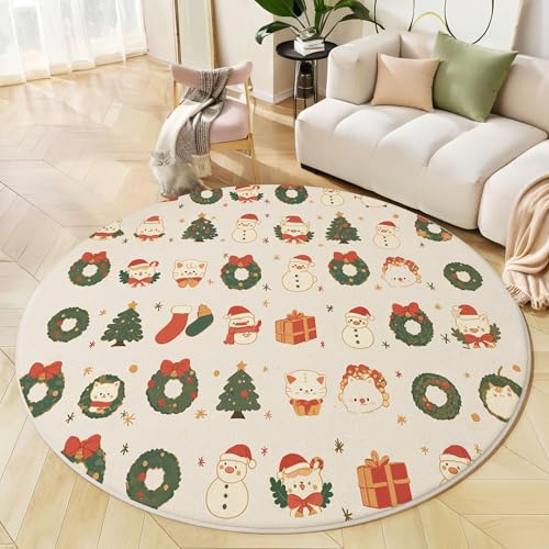 Runder Teppich Beige, Anti Rutsch Unterlage Waschbar Runder Läufer Mit Bedruckter Schneemannkranz Weihnachtstiere Für Schlafzimmer Flur Wohnzimmer Couchtisch Fußmatten, 60 cm Runder Teppich Beige, Anti Rutsch Unterlage Waschbar Runder Läufer Mit Bedruckter Schneemannkranz Weihnachtstiere Für Schlafzimmer Flur Wohnzimmer Couchtisch Fußmatten, 60 cm von JEDTAKCT