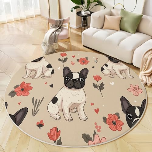 Runder Teppich Beige, Anti Rutsch Unterlage Waschbar Runder Läufer Mit Bedruckter Süße Französische Bulldogge Blumen Tier Für Schlafzimmer Flur Wohnzimmer Couchtisch Fußmatten, 200 cm Runder Teppich Beige, Anti Rutsch Unterlage Waschbar Runder Läufer Mit Bedruckter Süße Französische Bulldogge Blumen Tier Für Schlafzimmer Flur Wohnzimmer Couchtisch Fußmatten, 200 cm von JEDTAKCT