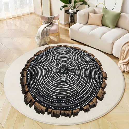 Runder Teppich Beige, Anti Rutsch Unterlage Waschbar Runder Läufer Mit Bedruckter Vintage Holzmaserung Handgemalte Tupfen Für Schlafzimmer Flur Wohnzimmer Couchtisch Fußmatten, 160 cm von JEDTAKCT