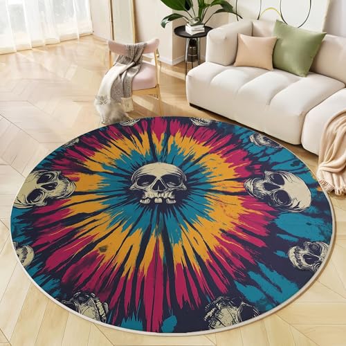 Runder Teppich Blau Gelb, Anti Rutsch Unterlage Waschbar Runder Läufer Mit Bedruckter Batik-Totenkopf Hippie Poster Für Schlafzimmer Flur Wohnzimmer Couchtisch Fußmatten, 200 cm von JEDTAKCT