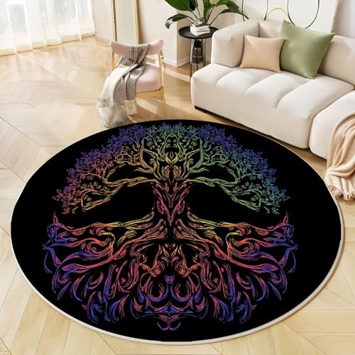 Runder Teppich Blau Lila, Anti Rutsch Unterlage Waschbar Runder Läufer Mit Bedruckter Psychedelischer Lebensbaum Fantasy Poster Für Schlafzimmer Flur Wohnzimmer Couchtisch Fußmatten, 200 cm von JEDTAKCT