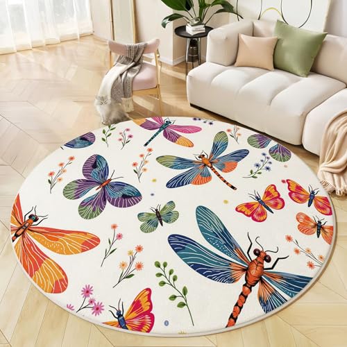 Runder Teppich Blau Lila, Anti Rutsch Unterlage Waschbar Runder Läufer Mit Bedruckter Schmetterling Libelle Böhmische Tiere Für Schlafzimmer Flur Wohnzimmer Couchtisch Fußmatten, 120 cm Runder Teppich Blau Lila, Anti Rutsch Unterlage Waschbar Runder Läufer Mit Bedruckter Schmetterling Libelle Böhmische Tiere Für Schlafzimmer Flur Wohnzimmer Couchtisch Fußmatten, 120 cm von JEDTAKCT