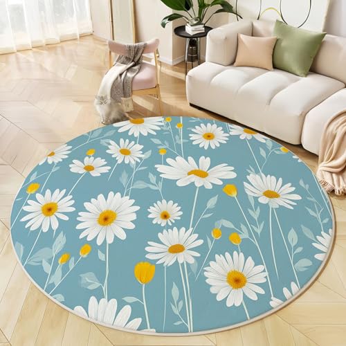 Runder Teppich Blau Weiß, Anti Rutsch Unterlage Waschbar Runder Läufer Mit Bedruckter Süßes Gänseblümchen Einfache Blumen Für Schlafzimmer Flur Wohnzimmer Couchtisch Fußmatten, 100 cm von JEDTAKCT