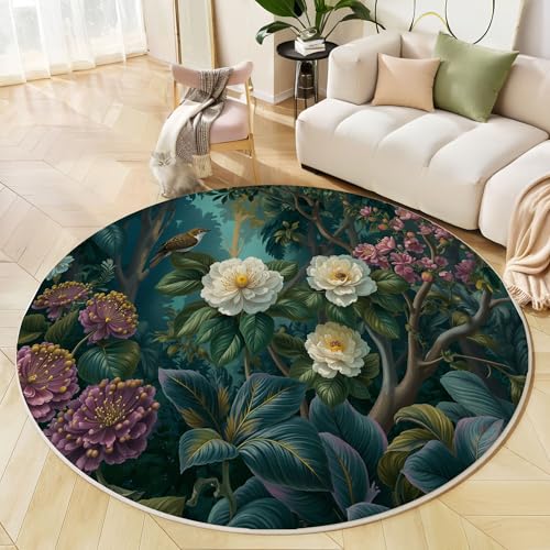 Runder Teppich Blaugrün, Anti Rutsch Unterlage Waschbar Runder Läufer Mit Bedruckter Blumenregenwald Fantasiepflanzen Für Schlafzimmer Flur Wohnzimmer Couchtisch Fußmatten, 120 cm Runder Teppich Blaugrün, Anti Rutsch Unterlage Waschbar Runder Läufer Mit Bedruckter Blumenregenwald Fantasiepflanzen Für Schlafzimmer Flur Wohnzimmer Couchtisch Fußmatten, 120 cm von JEDTAKCT