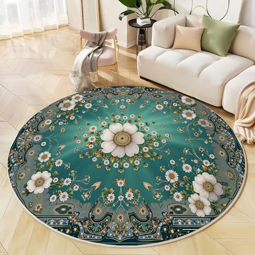 Runder Teppich Blaugrün, Anti Rutsch Unterlage Waschbar Runder Läufer Mit Bedruckter Orientalische Blumen Traditionelle Pflanzen Für Schlafzimmer Flur Wohnzimmer Couchtisch Fußmatten, 200 cm Runder Teppich Blaugrün, Anti Rutsch Unterlage Waschbar Runder Läufer Mit Bedruckter Orientalische Blumen Traditionelle Pflanzen Für Schlafzimmer Flur Wohnzimmer Couchtisch Fußmatten, 200 cm von JEDTAKCT