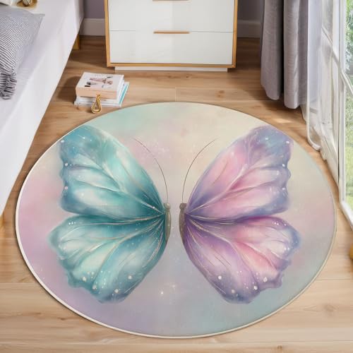Runder Teppich Blaurosa, Anti Rutsch Unterlage Waschbar Runder Läufer Mit Bedruckter Fantasieschmetterling Aquarelltiere Für Schlafzimmer Flur Wohnzimmer Couchtisch Fußmatten, 80 cm Runder Teppich Blaurosa, Anti Rutsch Unterlage Waschbar Runder Läufer Mit Bedruckter Fantasieschmetterling Aquarelltiere Für Schlafzimmer Flur Wohnzimmer Couchtisch Fußmatten, 80 cm von JEDTAKCT