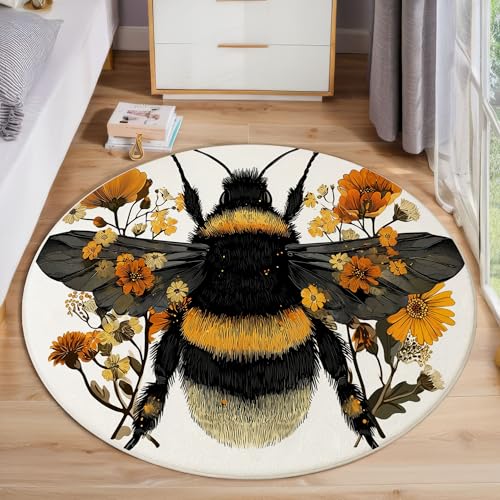 Runder Teppich Blumen Bienen Waschbar rutschfest Teppich Retro-Tiere Bedruckt Wohnzimmerteppich Rund 100 cm Flauschig Gelb Und Schwarz Teppiche Für Schlafzimmer Esszimmer Küche von JEDTAKCT