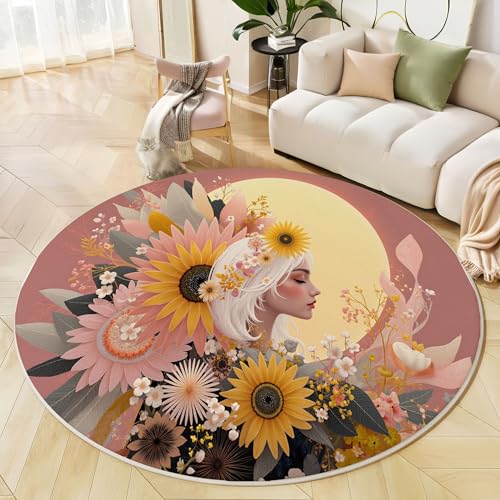 Runder Teppich Blush Pink, Anti Rutsch Unterlage Waschbar Runder Läufer Mit Bedruckter Bohemian Beauty Verträumtes Blumenmuster Für Schlafzimmer Flur Wohnzimmer Couchtisch Fußmatten, 60 cm Runder Teppich Blush Pink, Anti Rutsch Unterlage Waschbar Runder Läufer Mit Bedruckter Bohemian Beauty Verträumtes Blumenmuster Für Schlafzimmer Flur Wohnzimmer Couchtisch Fußmatten, 60 cm von JEDTAKCT