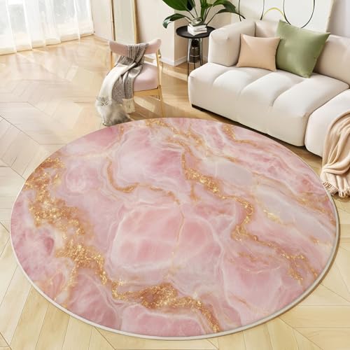 Runder Teppich Blush Pink, Anti Rutsch Unterlage Waschbar Runder Läufer Mit Bedruckter Goldfolie Marmor Abstrakte Welligkeit Für Schlafzimmer Flur Wohnzimmer Couchtisch Fußmatten, 100 cm Runder Teppich Blush Pink, Anti Rutsch Unterlage Waschbar Runder Läufer Mit Bedruckter Goldfolie Marmor Abstrakte Welligkeit Für Schlafzimmer Flur Wohnzimmer Couchtisch Fußmatten, 100 cm von JEDTAKCT