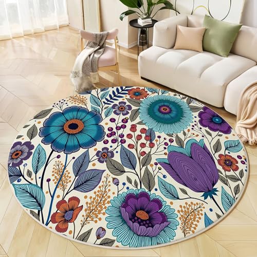Runder Teppich Böhmische Blumen Waschbar rutschfest Teppich Doodle Pflanzen Bedruckt Wohnzimmerteppich Rund 60 cm Flauschig Türkis Teppiche Für Schlafzimmer Esszimmer Küche von JEDTAKCT
