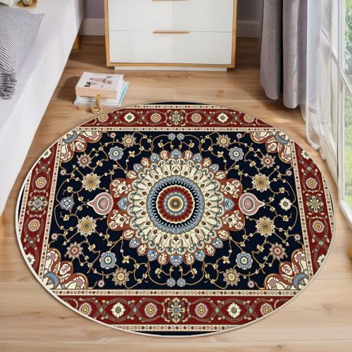 Runder Teppich Bordeauxrot, Anti Rutsch Unterlage Waschbar Runder Läufer Mit Bedruckter Blumenstreifen Traditionelle Geometrie Für Schlafzimmer Flur Wohnzimmer Couchtisch Fußmatten, 80 cm Runder Teppich Bordeauxrot, Anti Rutsch Unterlage Waschbar Runder Läufer Mit Bedruckter Blumenstreifen Traditionelle Geometrie Für Schlafzimmer Flur Wohnzimmer Couchtisch Fußmatten, 80 cm von JEDTAKCT