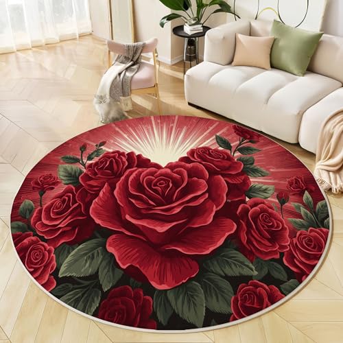 Runder Teppich Bordeauxrot, Anti Rutsch Unterlage Waschbar Runder Läufer Mit Bedruckter Herzförmige Rosen Vintage Poster Für Schlafzimmer Flur Wohnzimmer Couchtisch Fußmatten, 120 cm von JEDTAKCT