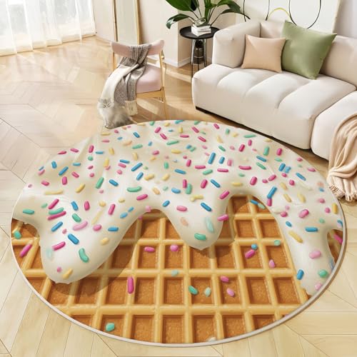 Runder Teppich Braun, Anti Rutsch Unterlage Waschbar Runder Läufer Mit Bedruckter 3D Sahnewaffeln Süße Zuckerkörner Für Schlafzimmer Flur Wohnzimmer Couchtisch Fußmatten, 200 cm Runder Teppich Braun, Anti Rutsch Unterlage Waschbar Runder Läufer Mit Bedruckter 3D Sahnewaffeln Süße Zuckerkörner Für Schlafzimmer Flur Wohnzimmer Couchtisch Fußmatten, 200 cm von JEDTAKCT
