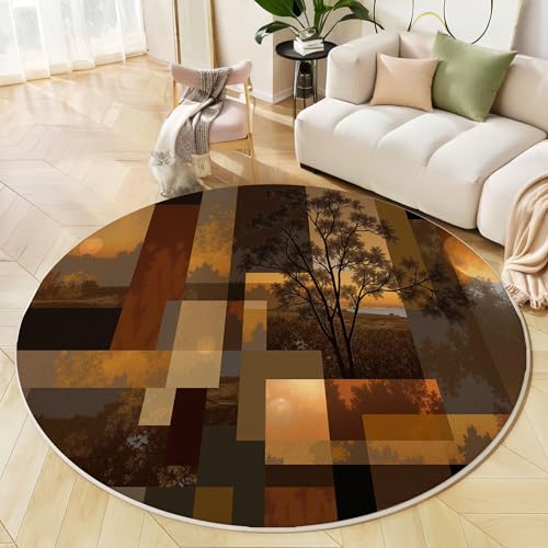 Runder Teppich Braun, Anti Rutsch Unterlage Waschbar Runder Läufer Mit Bedruckter Abstrakte Geometrie Retro-Wald Für Schlafzimmer Flur Wohnzimmer Couchtisch Fußmatten, 120 cm Runder Teppich Braun, Anti Rutsch Unterlage Waschbar Runder Läufer Mit Bedruckter Abstrakte Geometrie Retro-Wald Für Schlafzimmer Flur Wohnzimmer Couchtisch Fußmatten, 120 cm von JEDTAKCT
