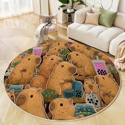Runder Teppich Braun, Anti Rutsch Unterlage Waschbar Runder Läufer Mit Bedruckter Süße Capybara Tieraufkleber Für Schlafzimmer Flur Wohnzimmer Couchtisch Fußmatten, 100 cm Runder Teppich Braun, Anti Rutsch Unterlage Waschbar Runder Läufer Mit Bedruckter Süße Capybara Tieraufkleber Für Schlafzimmer Flur Wohnzimmer Couchtisch Fußmatten, 100 cm von JEDTAKCT