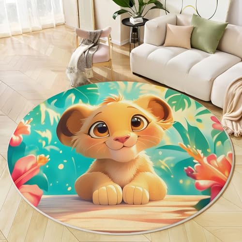 Runder Teppich Braun, Anti Rutsch Unterlage Waschbar Runder Läufer Mit Bedruckter Süßer Löwe Tropische Blumen Für Schlafzimmer Flur Wohnzimmer Couchtisch Fußmatten, 200 cm von JEDTAKCT