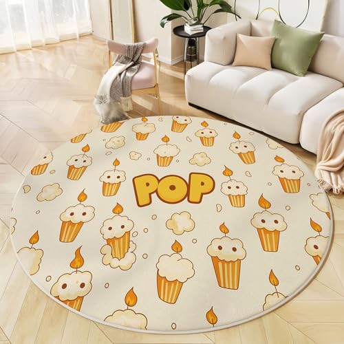 Runder Teppich Cartoon-Popcorn Waschbar rutschfest Teppich Süß Poster Bedruckt Wohnzimmerteppich Rund 100 cm Flauschig Beige Teppiche Für Schlafzimmer Esszimmer Küche von JEDTAKCT