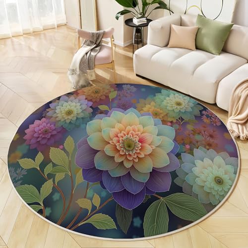 Runder Teppich Deep Purple, Anti Rutsch Unterlage Waschbar Runder Läufer Mit Bedruckter Hippie-Dahlie Botanische Ästhetik Für Schlafzimmer Flur Wohnzimmer Couchtisch Fußmatten, 120 cm Runder Teppich Deep Purple, Anti Rutsch Unterlage Waschbar Runder Läufer Mit Bedruckter Hippie-Dahlie Botanische Ästhetik Für Schlafzimmer Flur Wohnzimmer Couchtisch Fußmatten, 120 cm von JEDTAKCT
