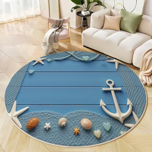 Runder Teppich Dunkelblau, Anti Rutsch Unterlage Waschbar Runder Läufer Mit Bedruckter 3D Seestern Anker Nautisches Thema Für Schlafzimmer Flur Wohnzimmer Couchtisch Fußmatten, 160 cm von JEDTAKCT