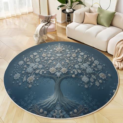 Runder Teppich Dunkelblau, Anti Rutsch Unterlage Waschbar Runder Läufer Mit Bedruckter Fantasieblumenbaum Traditionelle Pflanzen Für Schlafzimmer Flur Wohnzimmer Couchtisch Fußmatten, 100 cm von JEDTAKCT