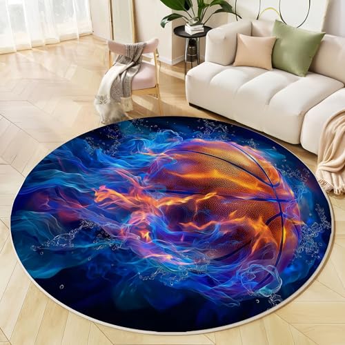 Runder Teppich Dunkelblau, Anti Rutsch Unterlage Waschbar Runder Läufer Mit Bedruckter Flammenbasketball Fantasiewolken Für Schlafzimmer Flur Wohnzimmer Couchtisch Fußmatten, 120 cm Runder Teppich Dunkelblau, Anti Rutsch Unterlage Waschbar Runder Läufer Mit Bedruckter Flammenbasketball Fantasiewolken Für Schlafzimmer Flur Wohnzimmer Couchtisch Fußmatten, 120 cm von JEDTAKCT