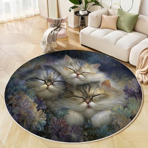 Runder Teppich Dunkelblau, Anti Rutsch Unterlage Waschbar Runder Läufer Mit Bedruckter Süße Katze Verträumte Blumen Für Schlafzimmer Flur Wohnzimmer Couchtisch Fußmatten, 160 cm von JEDTAKCT