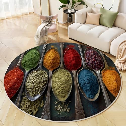 Runder Teppich Dunkelgrau, Anti Rutsch Unterlage Waschbar Runder Läufer Mit Bedruckter Bunte Gewürze Kochen Poster Für Schlafzimmer Flur Wohnzimmer Couchtisch Fußmatten, 160 cm von JEDTAKCT