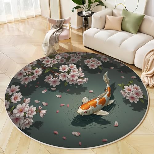 Runder Teppich Dunkelgrau, Anti Rutsch Unterlage Waschbar Runder Läufer Mit Bedruckter Chinesischer Koi Verträumte Kirschblüte Für Schlafzimmer Flur Wohnzimmer Couchtisch Fußmatten, 120 cm Runder Teppich Dunkelgrau, Anti Rutsch Unterlage Waschbar Runder Läufer Mit Bedruckter Chinesischer Koi Verträumte Kirschblüte Für Schlafzimmer Flur Wohnzimmer Couchtisch Fußmatten, 120 cm von JEDTAKCT
