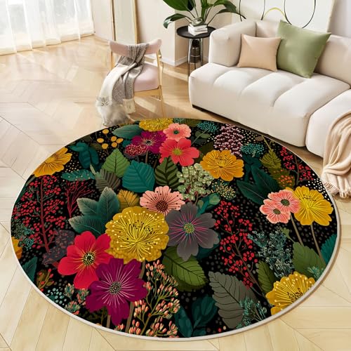 Runder Teppich Dunkelgrün, Anti Rutsch Unterlage Waschbar Runder Läufer Mit Bedruckter Blumen Blätter Böhmischer Garten Für Schlafzimmer Flur Wohnzimmer Couchtisch Fußmatten, 100 cm von JEDTAKCT