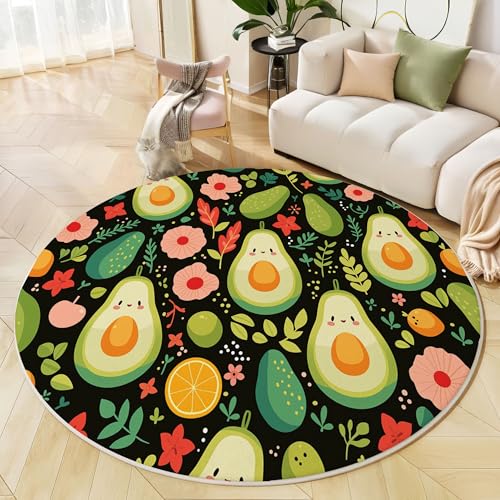 Runder Teppich Dunkelgrün, Anti Rutsch Unterlage Waschbar Runder Läufer Mit Bedruckter Cartoon-Avocado Niedliche Blumen Für Schlafzimmer Flur Wohnzimmer Couchtisch Fußmatten, 100 cm von JEDTAKCT