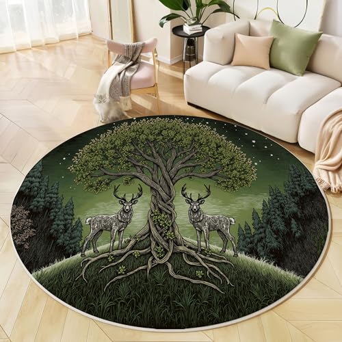 Runder Teppich Dunkelgrün, Anti Rutsch Unterlage Waschbar Runder Läufer Mit Bedruckter Rentierbaum Fantasiewald Für Schlafzimmer Flur Wohnzimmer Couchtisch Fußmatten, 160 cm Runder Teppich Dunkelgrün, Anti Rutsch Unterlage Waschbar Runder Läufer Mit Bedruckter Rentierbaum Fantasiewald Für Schlafzimmer Flur Wohnzimmer Couchtisch Fußmatten, 160 cm von JEDTAKCT
