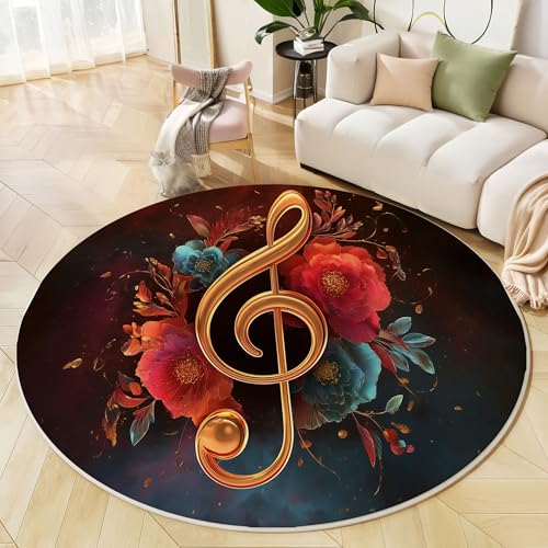 Runder Teppich Dunkelrot, Anti Rutsch Unterlage Waschbar Runder Läufer Mit Bedruckter 3D Musiknoten Blumen Vintage Kunst Für Schlafzimmer Flur Wohnzimmer Couchtisch Fußmatten, 60 cm von JEDTAKCT