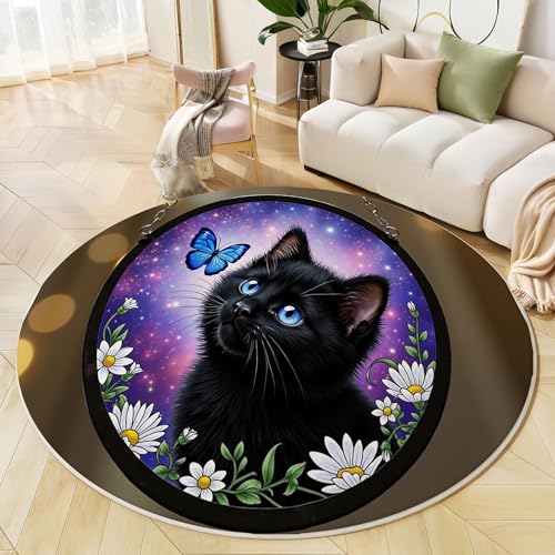 Runder Teppich Dunkelviolett, Anti Rutsch Unterlage Waschbar Runder Läufer Mit Bedruckter Katze Schmetterling Tierischer Sternenhimmel Für Schlafzimmer Flur Wohnzimmer Couchtisch Fußmatten, 60 cm Runder Teppich Dunkelviolett, Anti Rutsch Unterlage Waschbar Runder Läufer Mit Bedruckter Katze Schmetterling Tierischer Sternenhimmel Für Schlafzimmer Flur Wohnzimmer Couchtisch Fußmatten, 60 cm von JEDTAKCT