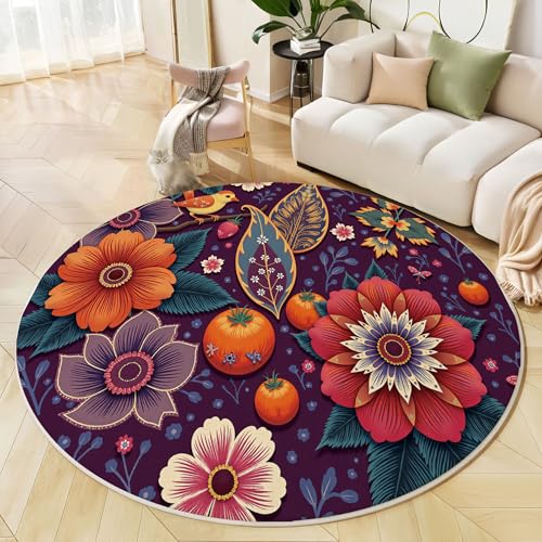 Runder Teppich Dunkelviolett, Anti Rutsch Unterlage Waschbar Runder Läufer Mit Bedruckter Paisley-Blätter Traditionelle Blumen Für Schlafzimmer Flur Wohnzimmer Couchtisch Fußmatten, 160 cm Runder Teppich Dunkelviolett, Anti Rutsch Unterlage Waschbar Runder Läufer Mit Bedruckter Paisley-Blätter Traditionelle Blumen Für Schlafzimmer Flur Wohnzimmer Couchtisch Fußmatten, 160 cm von JEDTAKCT