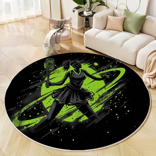 Runder Teppich Fluoreszierendes Grün, Anti Rutsch Unterlage Waschbar Runder Läufer Mit Bedruckter Tennisspieler Tennis Poster Für Schlafzimmer Flur Wohnzimmer Couchtisch Fußmatten, 80 cm von JEDTAKCT
