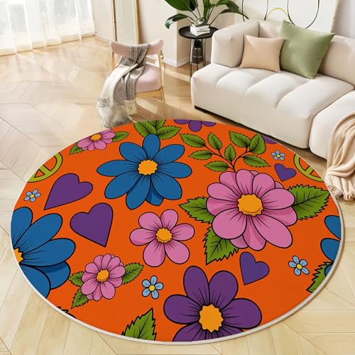 Runder Teppich Gebranntes Orange, Anti Rutsch Unterlage Waschbar Runder Läufer Mit Bedruckter Blumenherz Retro-Pflanzen Für Schlafzimmer Flur Wohnzimmer Couchtisch Fußmatten, 120 cm Runder Teppich Gebranntes Orange, Anti Rutsch Unterlage Waschbar Runder Läufer Mit Bedruckter Blumenherz Retro-Pflanzen Für Schlafzimmer Flur Wohnzimmer Couchtisch Fußmatten, 120 cm von JEDTAKCT