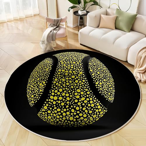 Runder Teppich Gelb Schwarz, Anti Rutsch Unterlage Waschbar Runder Läufer Mit Bedruckter 3D Polka Dot Tennis Abstrakter Sport Für Schlafzimmer Flur Wohnzimmer Couchtisch Fußmatten, 120 cm von JEDTAKCT