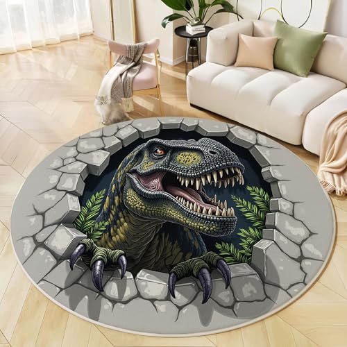 Runder Teppich Grau Schwarz, Anti Rutsch Unterlage Waschbar Runder Läufer Mit Bedruckter 3D Anime Stil Tyrannosaurus Rex Abstrakte Wand Für Schlafzimmer Flur Wohnzimmer Couchtisch Fußmatten, 120 cm Runder Teppich Grau Schwarz, Anti Rutsch Unterlage Waschbar Runder Läufer Mit Bedruckter 3D Anime Stil Tyrannosaurus Rex Abstrakte Wand Für Schlafzimmer Flur Wohnzimmer Couchtisch Fußmatten, 120 cm von JEDTAKCT