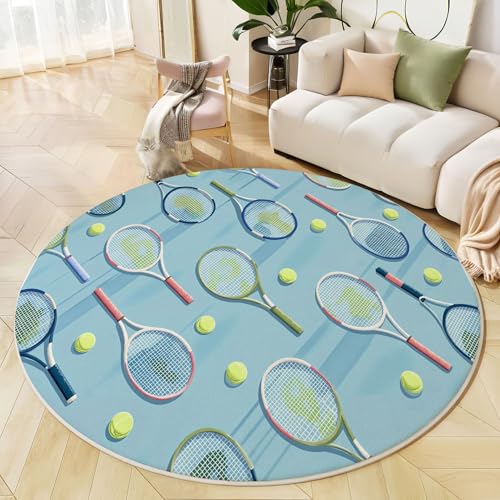 Runder Teppich Hellblau, Anti Rutsch Unterlage Waschbar Runder Läufer Mit Bedruckter Geometrischer Tennisschläger Sport Poster Für Schlafzimmer Flur Wohnzimmer Couchtisch Fußmatten, 100 cm von JEDTAKCT