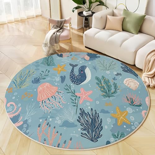 Runder Teppich Hellblau, Anti Rutsch Unterlage Waschbar Runder Läufer Mit Bedruckter Wal Qualle Süßes Ozean-Thema Für Schlafzimmer Flur Wohnzimmer Couchtisch Fußmatten, 80 cm Runder Teppich Hellblau, Anti Rutsch Unterlage Waschbar Runder Läufer Mit Bedruckter Wal Qualle Süßes Ozean-Thema Für Schlafzimmer Flur Wohnzimmer Couchtisch Fußmatten, 80 cm von JEDTAKCT