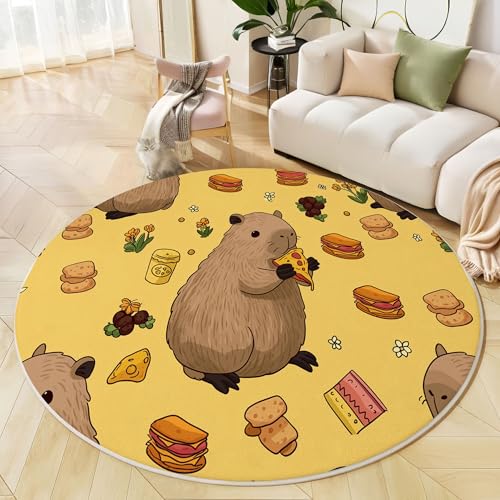 Runder Teppich Hellgelb, Anti Rutsch Unterlage Waschbar Runder Läufer Mit Bedruckter Süßes Capybara Cartoon-Essen Für Schlafzimmer Flur Wohnzimmer Couchtisch Fußmatten, 80 cm Runder Teppich Hellgelb, Anti Rutsch Unterlage Waschbar Runder Läufer Mit Bedruckter Süßes Capybara Cartoon-Essen Für Schlafzimmer Flur Wohnzimmer Couchtisch Fußmatten, 80 cm von JEDTAKCT