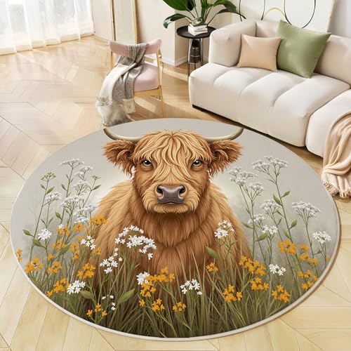 Runder Teppich Hellgrau, Anti Rutsch Unterlage Waschbar Runder Läufer Mit Bedruckter Retro Highland Cow Niedliches Blumenmuster Für Schlafzimmer Flur Wohnzimmer Couchtisch Fußmatten, 200 cm Runder Teppich Hellgrau, Anti Rutsch Unterlage Waschbar Runder Läufer Mit Bedruckter Retro Highland Cow Niedliches Blumenmuster Für Schlafzimmer Flur Wohnzimmer Couchtisch Fußmatten, 200 cm von JEDTAKCT
