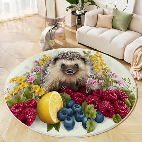 Runder Teppich Hellgrün, Anti Rutsch Unterlage Waschbar Runder Läufer Mit Bedruckter Süßer Igel Beeren Blumen Für Schlafzimmer Flur Wohnzimmer Couchtisch Fußmatten, 100 cm von JEDTAKCT