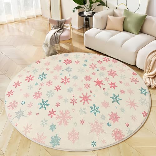 Runder Teppich Hellrosa, Anti Rutsch Unterlage Waschbar Runder Läufer Mit Bedruckter Süße Schneeflocken Weihnachtsposter Für Schlafzimmer Flur Wohnzimmer Couchtisch Fußmatten, 120 cm Runder Teppich Hellrosa, Anti Rutsch Unterlage Waschbar Runder Läufer Mit Bedruckter Süße Schneeflocken Weihnachtsposter Für Schlafzimmer Flur Wohnzimmer Couchtisch Fußmatten, 120 cm von JEDTAKCT
