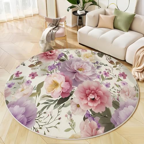 Runder Teppich Hellviolett, Anti Rutsch Unterlage Waschbar Runder Läufer Mit Bedruckter Aquarell Pfingstrose Botanische Ästhetik Für Schlafzimmer Flur Wohnzimmer Couchtisch Fußmatten, 160 cm Runder Teppich Hellviolett, Anti Rutsch Unterlage Waschbar Runder Läufer Mit Bedruckter Aquarell Pfingstrose Botanische Ästhetik Für Schlafzimmer Flur Wohnzimmer Couchtisch Fußmatten, 160 cm von JEDTAKCT