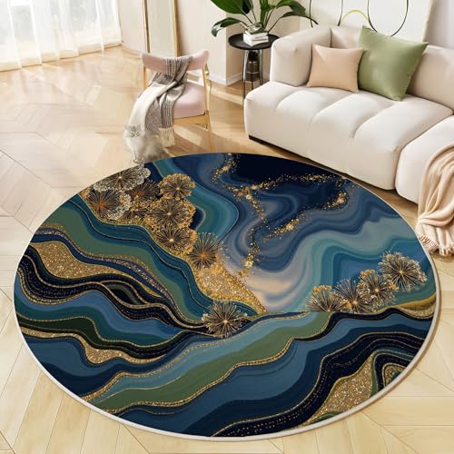 Runder Teppich Indigo, Anti Rutsch Unterlage Waschbar Runder Läufer Mit Bedruckter Abstrakter Wirbel Goldfolie Blumen Für Schlafzimmer Flur Wohnzimmer Couchtisch Fußmatten, 100 cm Runder Teppich Indigo, Anti Rutsch Unterlage Waschbar Runder Läufer Mit Bedruckter Abstrakter Wirbel Goldfolie Blumen Für Schlafzimmer Flur Wohnzimmer Couchtisch Fußmatten, 100 cm von JEDTAKCT