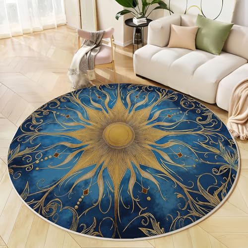 Runder Teppich Indigo, Anti Rutsch Unterlage Waschbar Runder Läufer Mit Bedruckter Gestreifte Sonne Nordische Geometrie Für Schlafzimmer Flur Wohnzimmer Couchtisch Fußmatten, 60 cm Runder Teppich Indigo, Anti Rutsch Unterlage Waschbar Runder Läufer Mit Bedruckter Gestreifte Sonne Nordische Geometrie Für Schlafzimmer Flur Wohnzimmer Couchtisch Fußmatten, 60 cm von JEDTAKCT