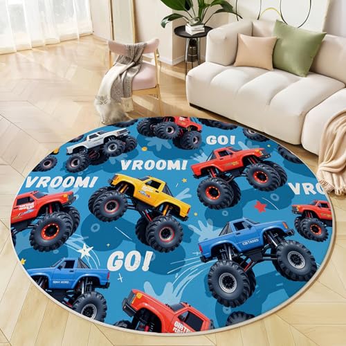 Runder Teppich Königsblau, Anti Rutsch Unterlage Waschbar Runder Läufer Mit Bedruckter 3D Spielzeug-LKW Lustiges Poster Für Schlafzimmer Flur Wohnzimmer Couchtisch Fußmatten, 100 cm von JEDTAKCT