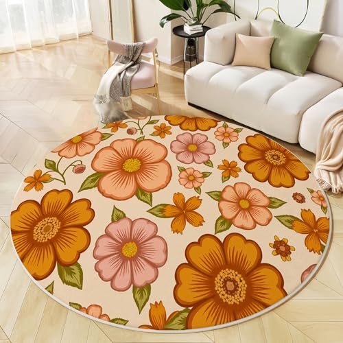 Runder Teppich Korallenorange, Anti Rutsch Unterlage Waschbar Runder Läufer Mit Bedruckter Hippie-Blumen Pflanze Poster Für Schlafzimmer Flur Wohnzimmer Couchtisch Fußmatten, 100 cm Runder Teppich Korallenorange, Anti Rutsch Unterlage Waschbar Runder Läufer Mit Bedruckter Hippie-Blumen Pflanze Poster Für Schlafzimmer Flur Wohnzimmer Couchtisch Fußmatten, 100 cm von JEDTAKCT